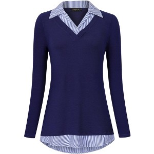 Women's Long Sleeve V Neck Contrast Collared Shirts Patchwork Work Blouse Tunics Tops - 1 of 4