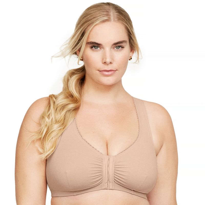 Glamorise Womens Front-Closure Cotton T-Back Comfort Wirefree Bra 1908 Café, 1 of 5