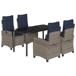 vidaXL 5-Piece Patio Dining Set - Gray Poly Rattan with Adjustable Reclining Chairs, Tempered Glass Tabletop, Navy Blue Cushions - 1 of 4