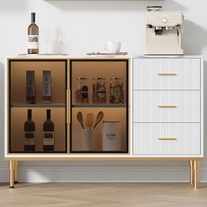 46.4" Fluted Buffet Sideboard Cabinet with Glass Doors, 3 Drawers & Faux Marble Top for Dining Room - 1 of 4