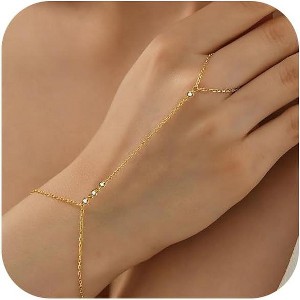 Bracelets for Women 14K Gold Silver Plated Ring Bracelet Hand Chain Dainty Evil Eye Heart Clover Daisy Cubic Zirconia - 1 of 4