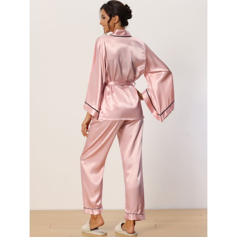 cheibear Women's Silky Satin Bell Sleeve Sleepwear Robe with Pants Pajama Sets, 3 of 6
