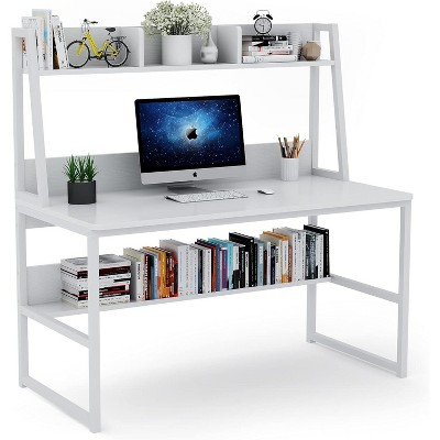 Vynxaria 47” Computer Desk with Hutch and Bookshelf, 47.2”W×23.6”D, 2 Tier Shelves, Heavy-Duty Steel Frame/E1 Wood