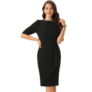 Allegra K Women's Short Sleeve Knee Length Ruched Business Work Sheath Dress - 1 of 4