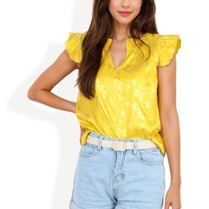 Anna-Kaci Women's Floral Jacquard Blouse with Ruffle Sleeves and V-Neckline for Everyday Looks - 1 of 4