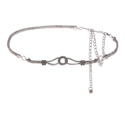 Anna-Kaci Women's Crystal Circle and Floral Accent Waist Chain Adjustable Belly Jewelry - Silver