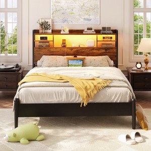 Besiost Headboard with Storage shelves and Charging Station, Wood Headboard with LED Light - 1 of 4