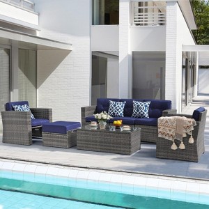 SUGOLD 7 Piece Patio Furniture Set, Patio Conversation Sets, All-Weather PE Wicker Outdoor Sectional Sofa with Ottoman, Tempered Glass Coffee Table, - 1 of 1