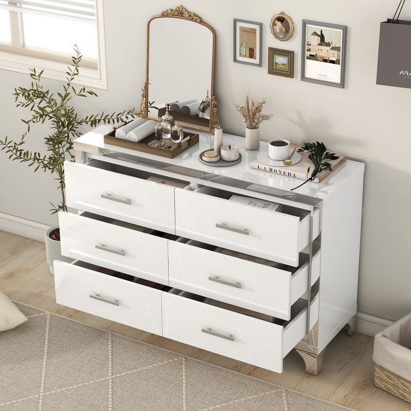 Modern High Gloss Dresser with Metal Handle, Storage Cabinet with 6 Drawers, White-ModernLuxe, 2 of 8