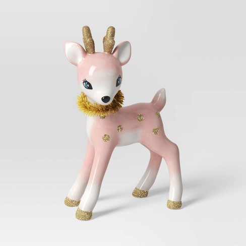 Retro Reindeer Pink Christmas Pillow, Baby Deer Pillow, Vintage