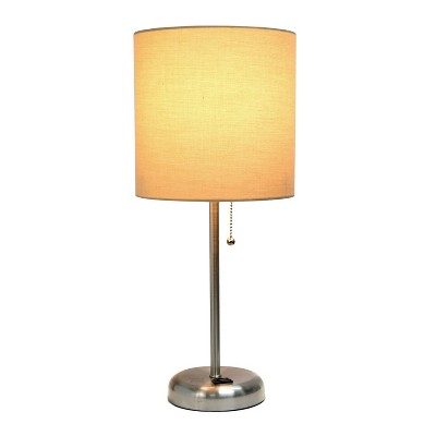 Brushed Steel Stick Nightstand Lamp with Tan Fabric Shade
