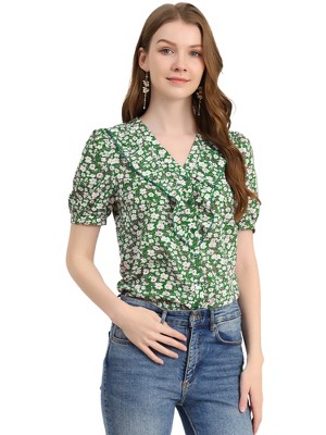 Allegra K Women's Summer Short Sleeves V Neck Ruffle Floral Button Down Shirt