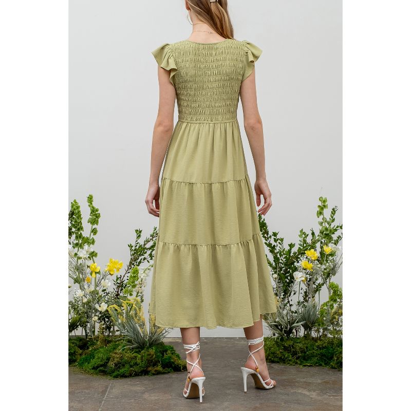 August Sky Women's V-neck Smocked Tiered Midi Dress, 2 of 7