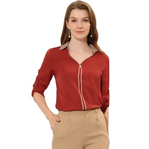 Allegra K Women's Contrast V Neck Collared Roll Up Long Sleeve Chiffon Office Shirt - 1 of 4