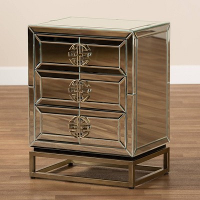 Chinoiseries Antique Bronze Mirrored 3-Drawer Nightstand