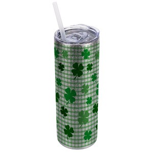 Elanze Designs Green Silvertone Sparkle 20 Ounce Double Wall Stainless Steel Glitter Travel Tumbler With Sliding Lid And Straw, Plaid, Shamrock - 1 of 4