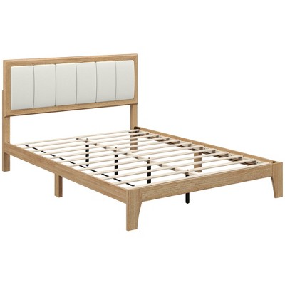 HOMCOM Bed Frame with Upholstered Headboard, Platform Bed Frame with Wooden Slats, No Box Spring Needed, Easy Assembly