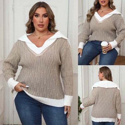 Plus Size Sweaters for Women Polo V Neck Chunky Cable Knit Color Block Pullovers