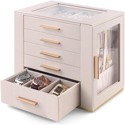 Jewelry Box with Glass Lid and 5 Drawers, Beige PU Leather Organizer for Necklaces, Rings, Earrings, Gift for Women