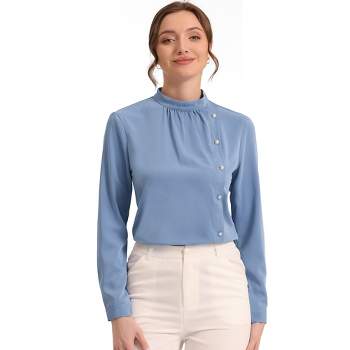 Allegra K Women's Elegant Stand Collar Long Sleeve Button Decor Office Blouse