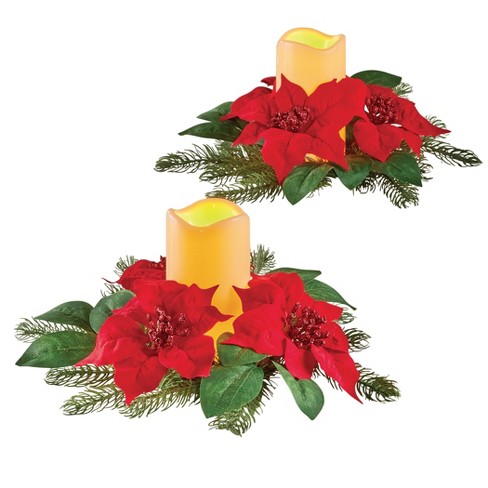 Collections Etc Artificial Poinsettia LED Lighted Flameless Candle - Set of 2 12 X 12 X 6 Red - image 1 of 2