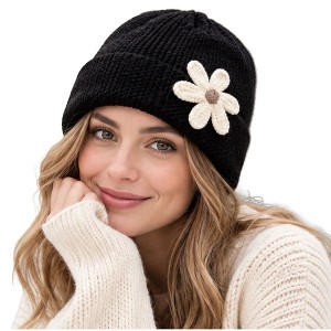 Anna-Kaci Women's Fuzzy Knit Beanie with Flower Applique Cuffed