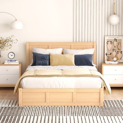 Platform Bed with Storage Compartments and 2 Drawers, Rustic Solid Wood Frame Bed for Bedroom-Baofuwish