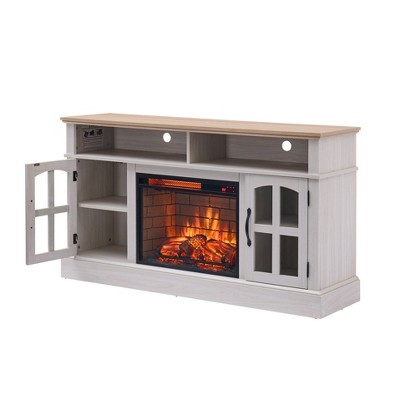 NicBex Modern 58 Inch Fireplace TV Stand Entertainment Center with 2 Glass Doors 23 Inch Electric Fireplace with Realistic LED Flames,Beige