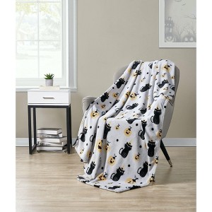 Kate Aurora Autumn Living Halloween Spooky Black Cats & Pumpkins Purple & Black Ultra Plush Throw Blanket - 1 of 1