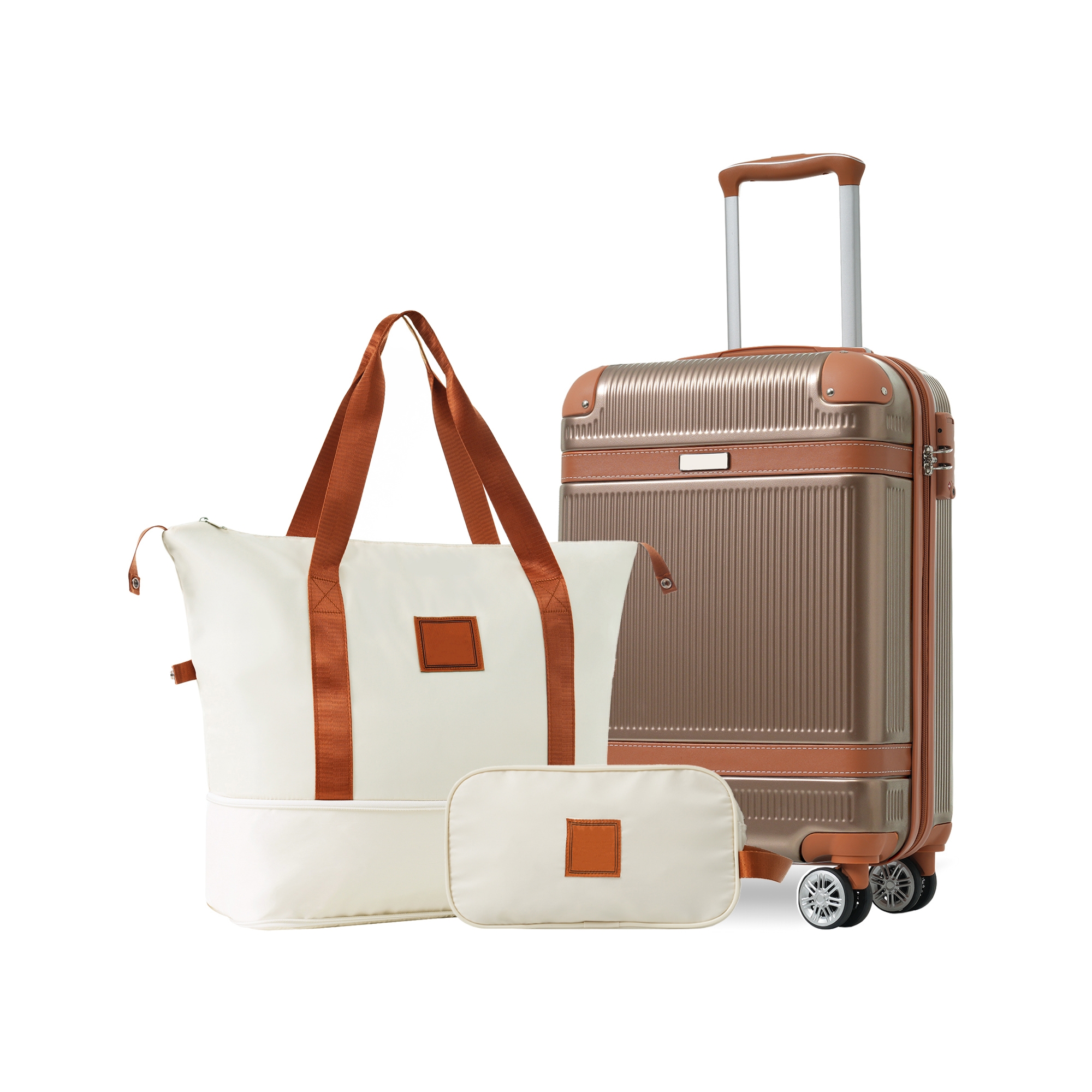 3 PCS ABS Lightweight Hard Shell Carry on Luggage(20") with Travel Bag, Spinner Wheels and TSA Lock, Coppery - ModernLuxe
