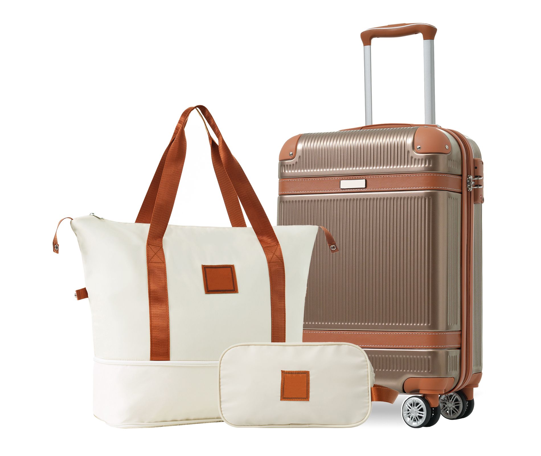 3 PCS ABS Lightweight Hard Shell Carry on Luggage(20") with Travel Bag, Spinner Wheels and TSA Lock, Coppery - ModernLuxe