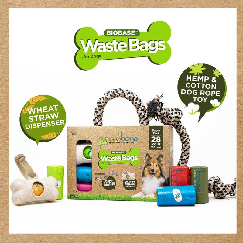 Greenbone BioBase Dog Poop Waste Bag Refills: 28 Rolls with Dispenser and Rope Toy Handle, 4 of 9