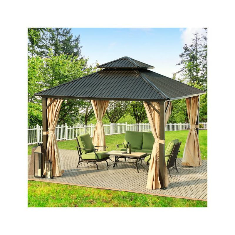Aoodor 12 x 12 ft. Aluminum Frame Hardtop Roof Gazebo, Outdoor Patio 2-Tier Metal Roof Gazebo with Mosquito Netting and Curtains,  Black, 3 of 6