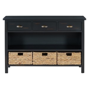 PDTEND 32" Vintage Console Table with Drawers and Water Hyacinth Woven Baskets - 1 of 4