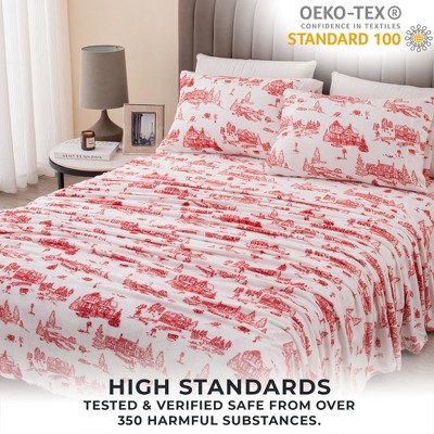 Full Red Snowtown Toile Print Velvet Plush Sheet Set