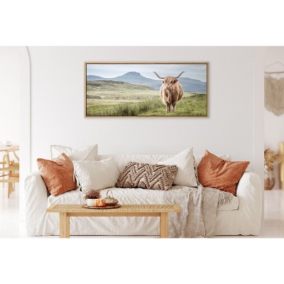 Highland Cow Mountain Landscape Canvas Print with Natural Frame