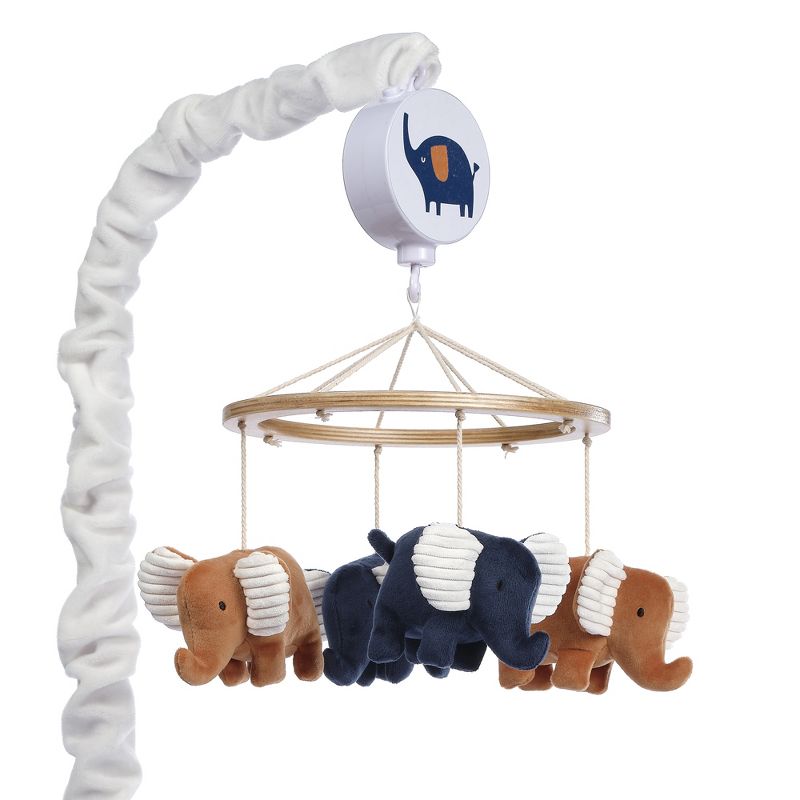 Blue and Caramel Velour Elephant Musical Baby Crib Mobile