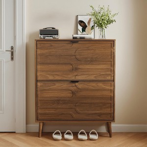 ORRD Medieval Modern Shoe Cabinet, 31.5" Walnut Fence Design with 2 Flip Drawers, Ideal for Corridors & Entrances - 1 of 4