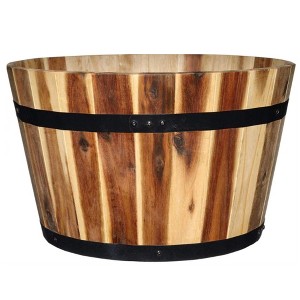 Classic Home and Garden Acacia Wood Whiskey Barrel Planter with Black Metal Band - 1 of 3