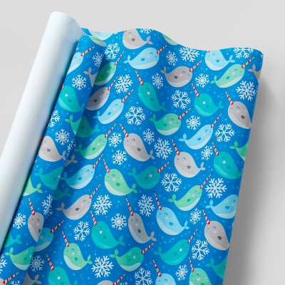 55 sq ft Narwhals & Snowflakes Gift Wrap Blue - Wondershop™