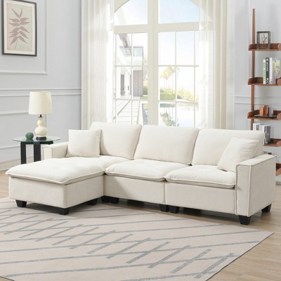 100" Modern Convertible L-Shaped Sectional Sofa with Removable Ottoman, Suede Velvet Upholstery & Throw Pillows