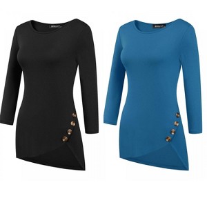 Allegra K Women's 3/4 Sleeve Round Neck Button Decor Casual Stretchy Tunic Tops 2 Packs - 1 of 4