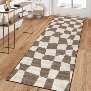 Washable Modern Checkered Area Rug | Stain Resistant Soft Geometric Throw Rug | Non-Slip Low Pile Accent Carpet for Living Room, Dining, Nursery - 1 of 4