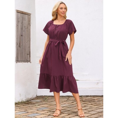 Женские платья INSPIRE CHIC Women's Summer Flutter Short Sleeve Scoop Neck Tiered Flowy Tie Waist A-Line Midi Dress X-Large Wine Red — фото 2
