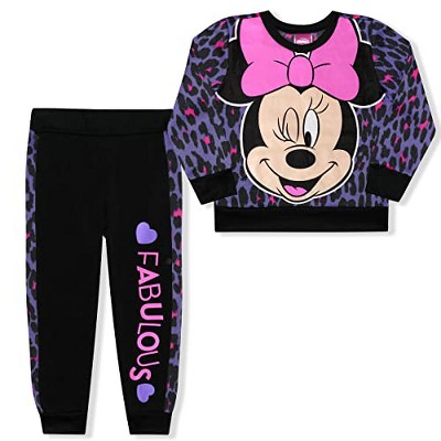Disney Girl's 2-Pack Fabulous Minnie Mouse Graphic Pullover Sweatshirt and Jogger Pants Set, Leopard Print - Purple, Black / Size 3T