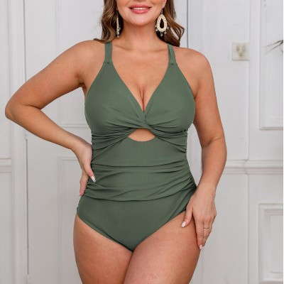 Women's Plus Size Twist Front Cutout Ruched Back Tie One Piece Swimsuit -Cupshe