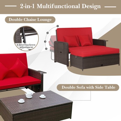 Red Adjustable Rattan Loveseat with Multifunctional Ottoman