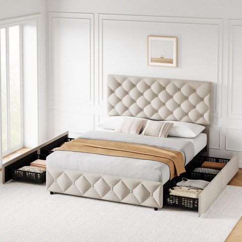 Whizmax Bed Frame with 4 Storage Drawers, Linen Upholstered Platform Bed Frame with Adjustable Headboard, Diamond Stitched Button Tufted, Off White - image 1 of 4