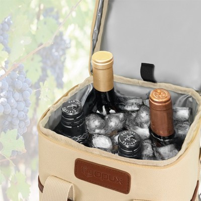 Cream Beige Insulated 4-Bottle Wine Tote Carrier with PU Leather Trim