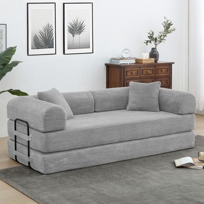 Dolonm Foldable Convertible Sofa Bed, Boneless Compression Mattress, Corduroy Sofa with Fixed Frame, Used for Living Room, Bedroom,Light Grey